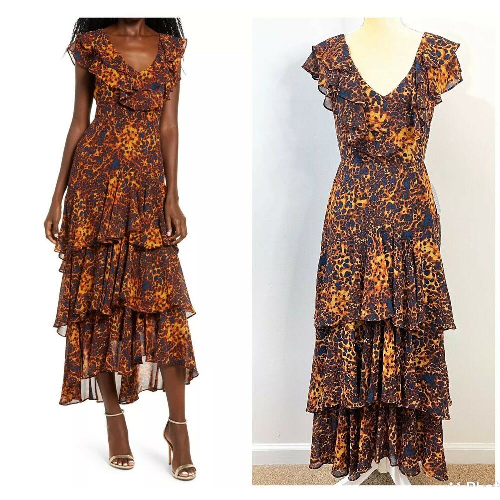 WAYF Chelsea Tiered Ruffle Maxi Dress Size S Multi Animal Print V-Neck Lined NWT
